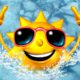 Image of a cartoon sun wearing sunglasses and emerging from an ice bath
