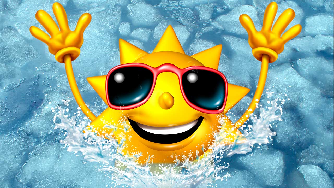 Image of a cartoon sun wearing sunglasses and emerging from an ice bath