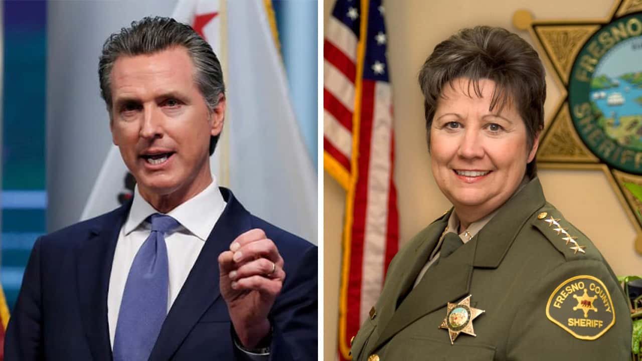 Side by side images of Gavin Newsom, left, and Fresno County Sheriff Margaret Mims