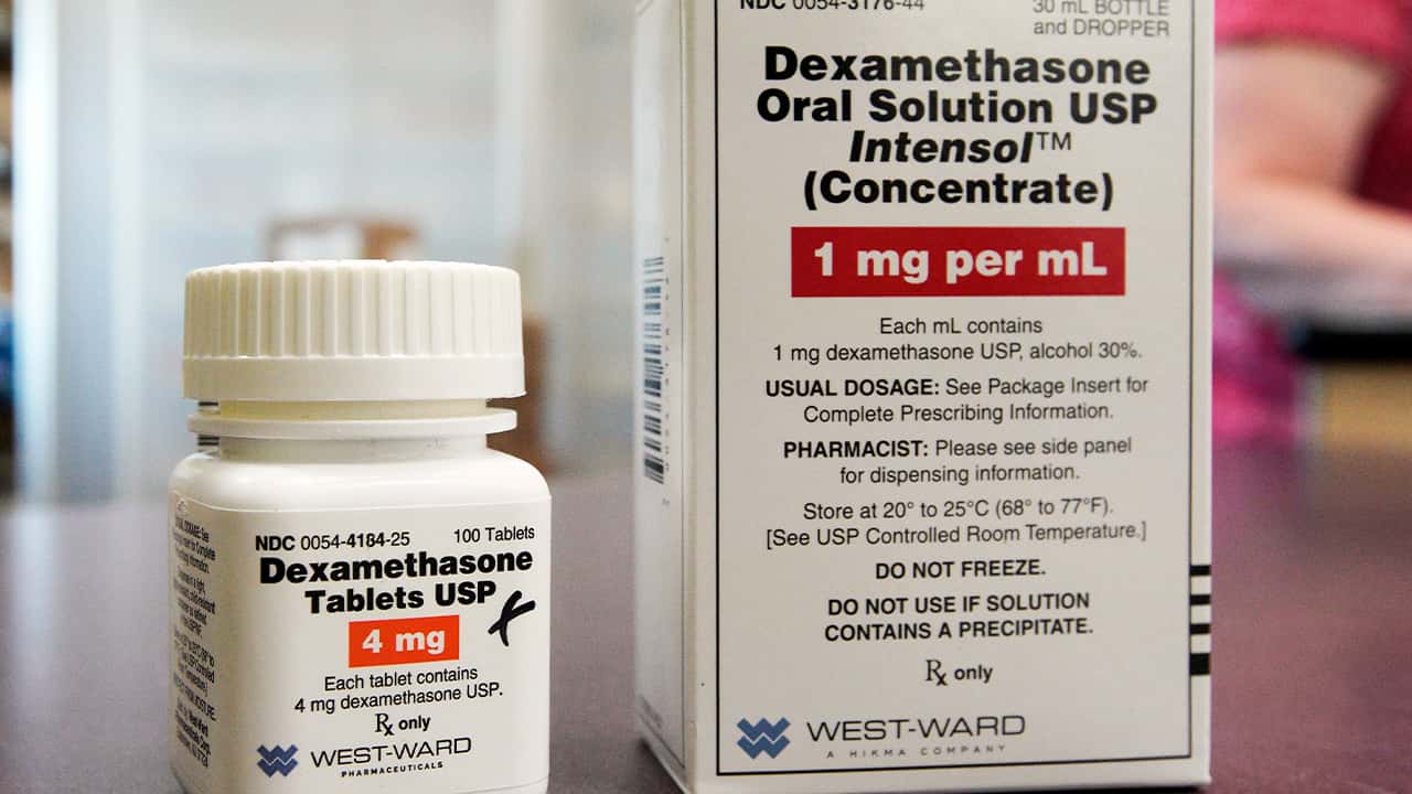 Photo of a bottle and box for dexamethasone