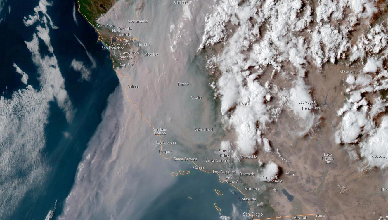 California, as seen from a satellite, as 367 wildfires burn throughout the state on Thursday, Aug. 20, 2020.
