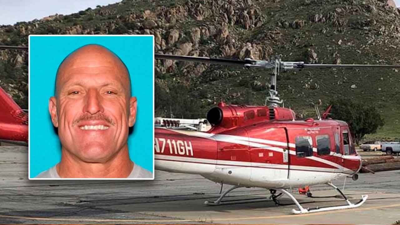 Image of pilot Mike Fournier and the helicopter he died in while fighting a wildfire on Aug. 19 near Coalinga, California